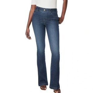 SPANX PULL ON BLUE DENIM STRETCH BELL BOTTOM JEANS - EUC -Large / L 32" INSEAM